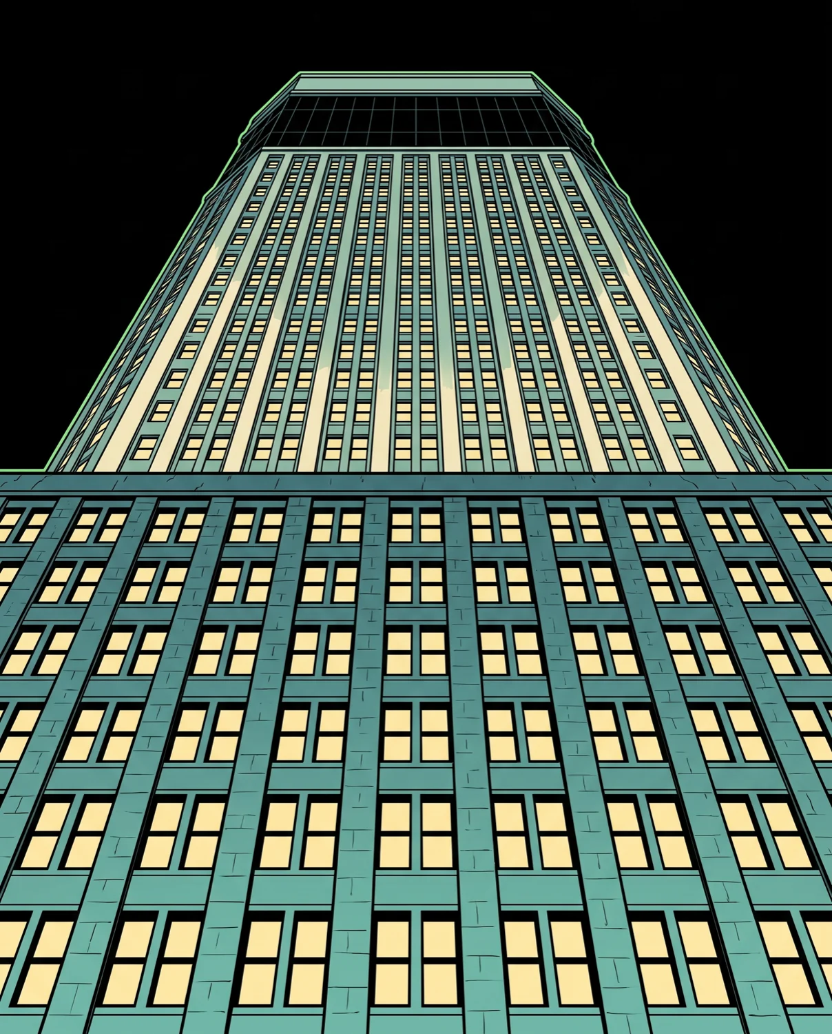 Looking up a tower of lit windows to a single unlit floor at the top